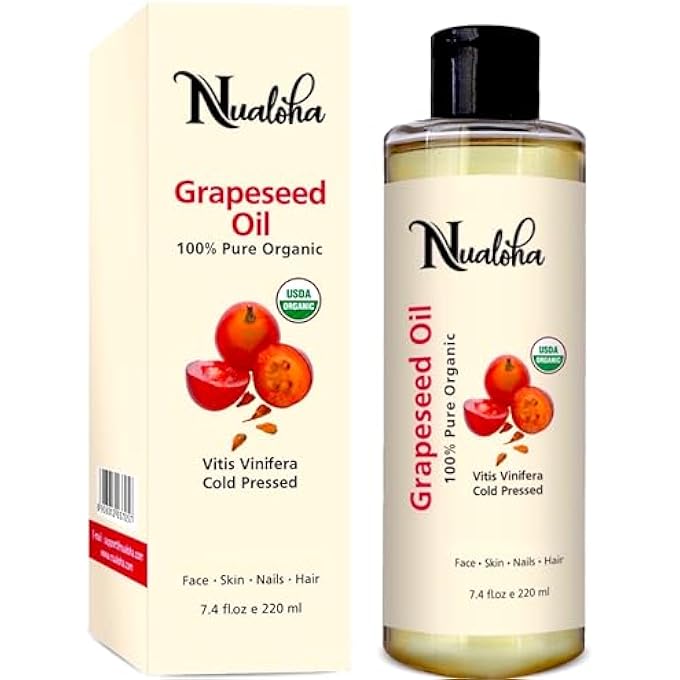 Nualoha ORGANIC GRAPE SEED OIL, 100% PURE COLD PRESSED OIL FOR ACNE PRONE SKIN, HAIR CARE, FACE CLEANSER, ANTI-AGING MOISTURIZER FOR WRINKLES AND STRETCH MARKS -220 ML - Image 1